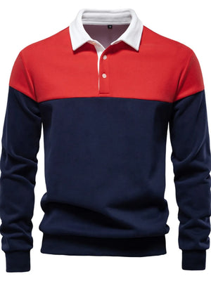 Colorblock rugby shirt with contrast white collar, red and navy blue panels, and button placket.