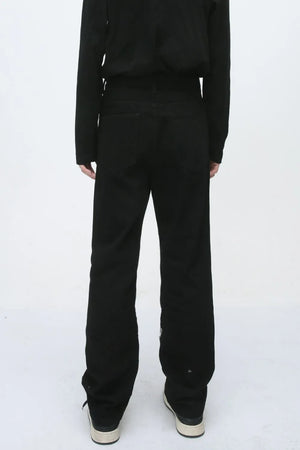 Zip-detail straight leg jeans in dark black denim, back view