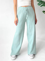 Mint blue ribbed knit palazzo trousers with drawstring waist and wide leg