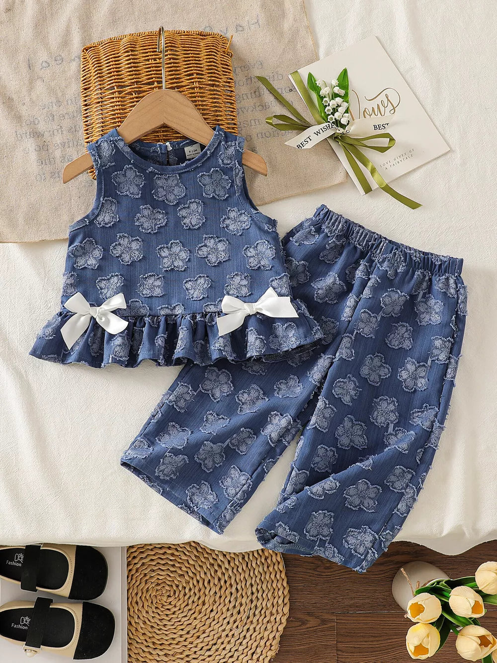 Children's Floral Round Neck Tank And Pants Set, front view
