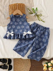 Children's Floral Round Neck Tank And Pants Set, front view
