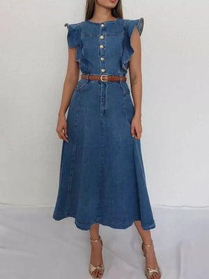 Denim midi dress with ruffled sleeves, button front, and brown belt.