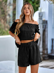 Black textured off-the-shoulder crop top and drawstring shorts set