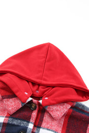 Plaid hooded shacket with red hood and button details.
