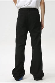 Black denim wide-leg trousers with a casual fit and flared hem.