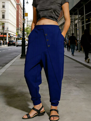 Dark Blue harem pants with decorative buttons and pockets, cuffed ankles.