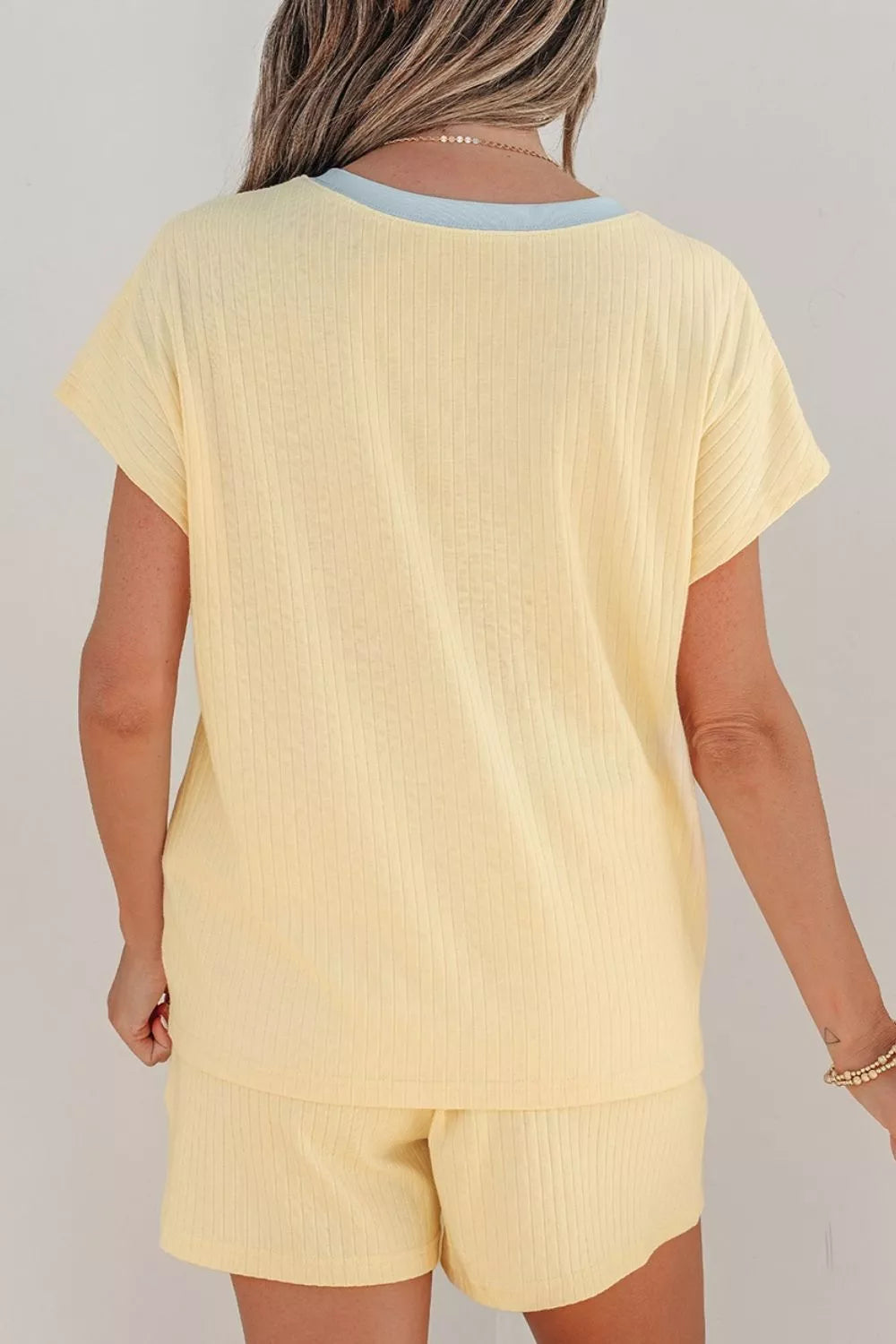 Cozy Season Embroidered Graphic Relaxed Two-piece Short Set in Pastel Yellow, side view