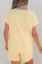 Cozy Season Embroidered Graphic Relaxed Two-piece Short Set in Pastel Yellow, side view