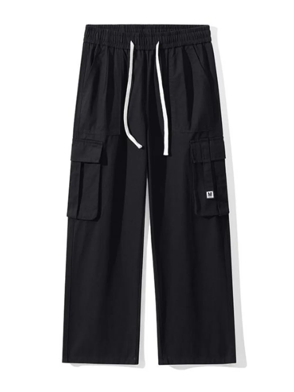 Black wide-leg cargo sweatpants with drawstring and patch detail