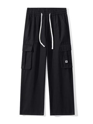 Black wide-leg cargo sweatpants with drawstring and patch detail