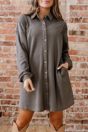 Casual Button-down Dress With Pockets in Dark Gray, front view