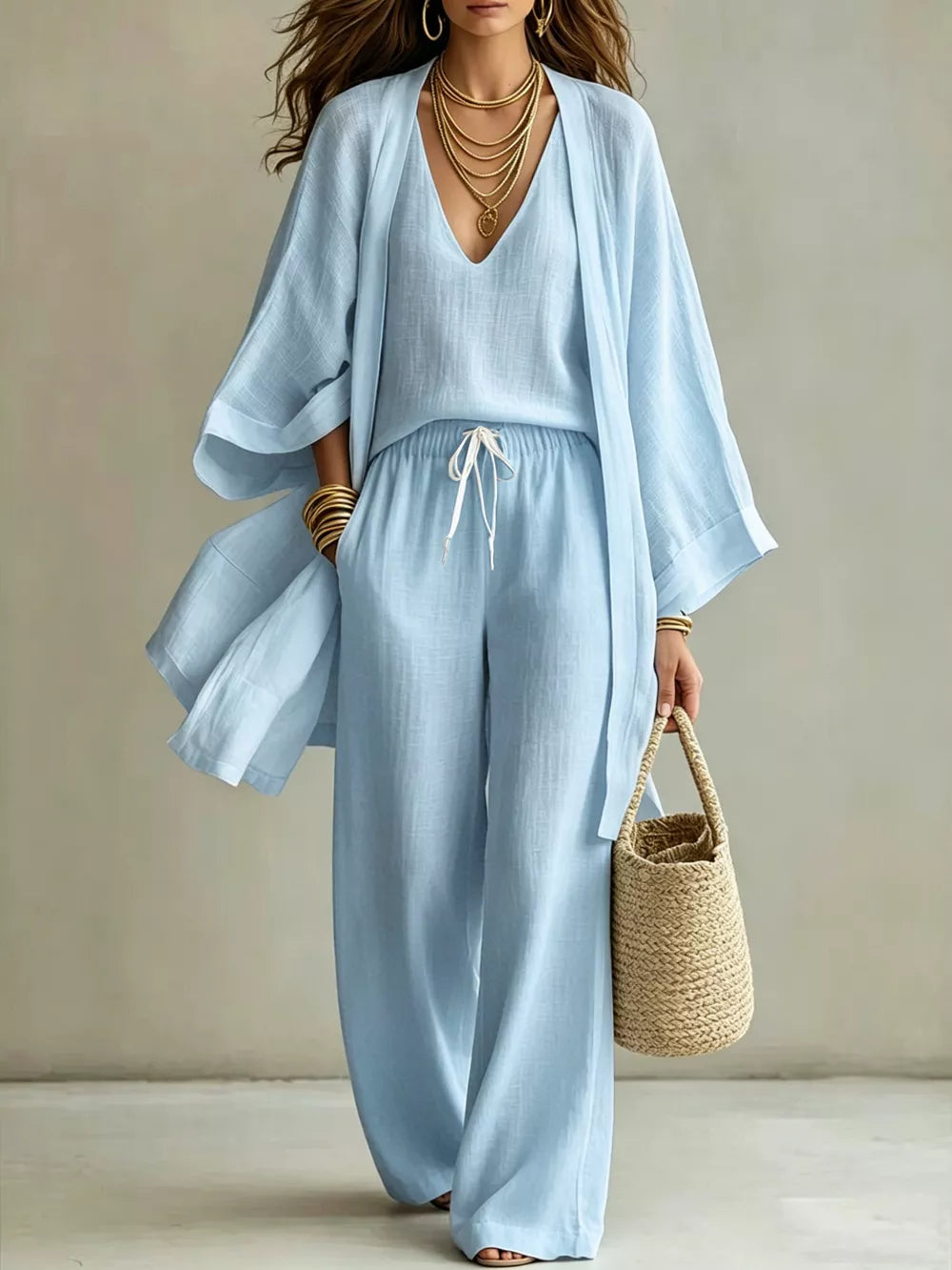 Relaxed V-neck Top And Cardigan Set
