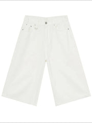 Ivory wide-leg denim culottes with a relaxed fit and classic five-pocket styling.