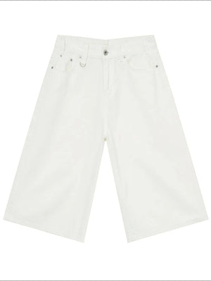 Ivory wide-leg denim culottes with a relaxed fit and classic five-pocket styling.