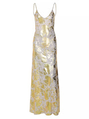 Maxi dress with abstract gold and cream pattern, V-neck, and spaghetti straps.
