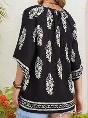 Printed Notched 3/4 Sleeve Blouse in Red, close-up detail