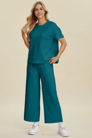 Textured knit loungewear set in cerulean, featuring a short-sleeve top and wide-leg pants.