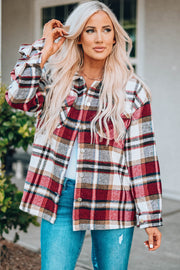 Soft plaid shacket jacket in red and white with button front and patch pockets.