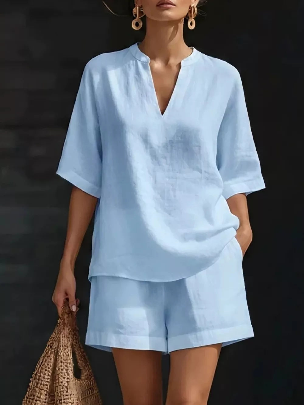 Sky blue oversized linen blend two-piece set with V-neck top and shorts