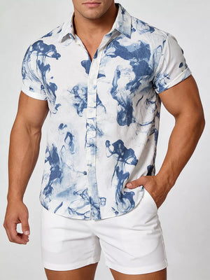 Men's Plus Size Abstract Ink Splash Short Sleeve Shirt in Black, back view