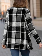 Asymmetric plaid drape front jacket in black and white, with a casual, basic style.