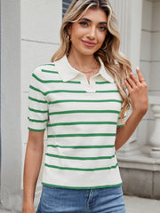 Nautical stripe knit polo top in green and white with short sleeves and a collar.