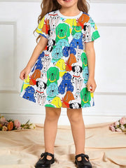 Toddler dress with colorful cartoon dog print, short sleeves, and above-knee length.