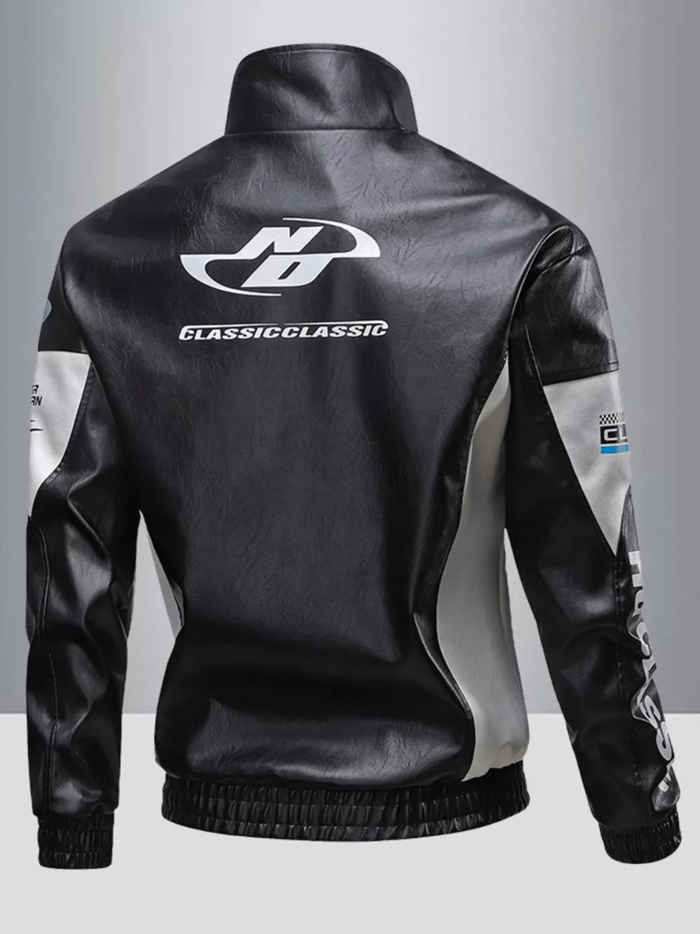 Black and white color block moto jacket with graphic logo detail on back.