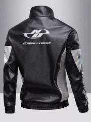 Black and white color block moto jacket with graphic logo detail on back.