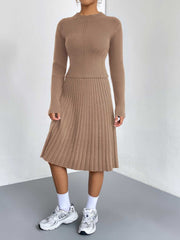 Dust Storm ribbed knit fit-and-flare co-ord with mock neck and pleated skirt.