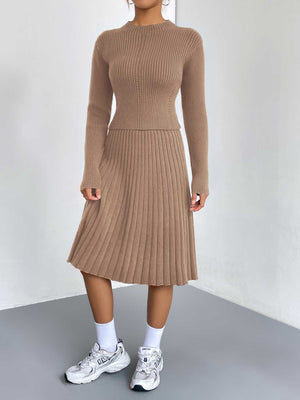 Dust Storm ribbed knit fit-and-flare co-ord with mock neck and pleated skirt.