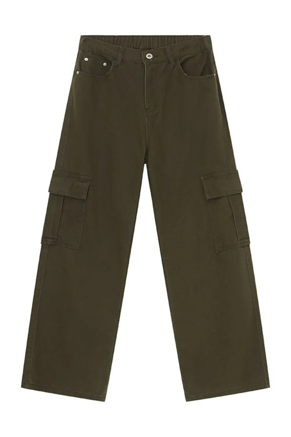 Army green cargo pants with elastic waist and side pockets
