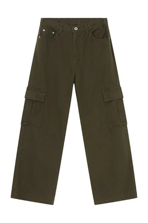 Army green cargo pants with elastic waist and side pockets