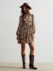 Brown floral print dress with balloon sleeves and a notched neckline.