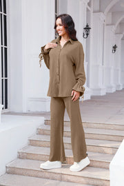 Textured tie-sleeve co-ord set in Tan, featuring a button-up shirt and wide-leg pants.