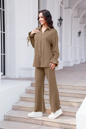 Textured tie-sleeve co-ord set in Tan, featuring a button-up shirt and wide-leg pants.