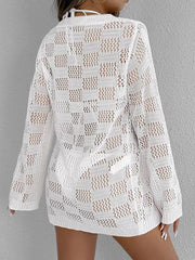 White openwork crochet cover-up with checkerboard pattern and tie-front detail.