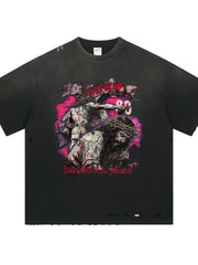 Black oversized ripped graphic tee with Jesus crucifixion print and distressed details.
