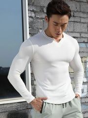 White ribbed long sleeve t-shirt with V-neck