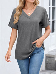 Dark Gray V-neck t-shirt with cuffed short sleeves and a relaxed fit.