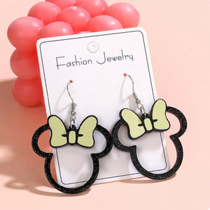 Mickey Mouse inspired bow drop earrings in black with lime green bows, acrylic and alloy.