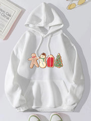 White hoodie with adjustable hood and festive cookie graphic of gingerbread man, snowman, gift, and Christmas tree.