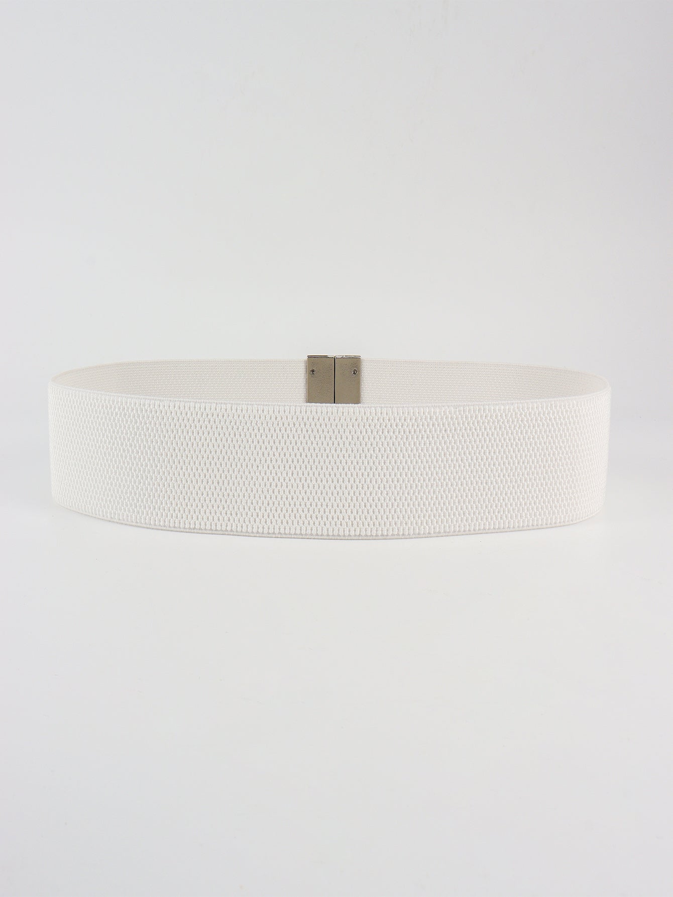 White elastic belt with a silver-tone clasp