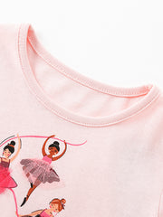 Pink cotton toddler dress with ballerina graphic and tulle skirt detail.