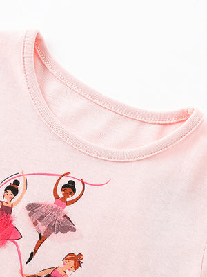 Pink cotton toddler dress with ballerina graphic and tulle skirt detail.
