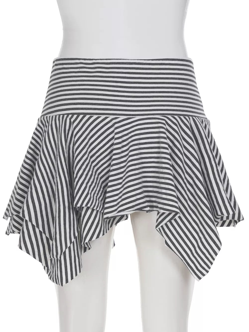 Asymmetrical hem mini skirt with black and white stripes and a tiered, ruffled design.