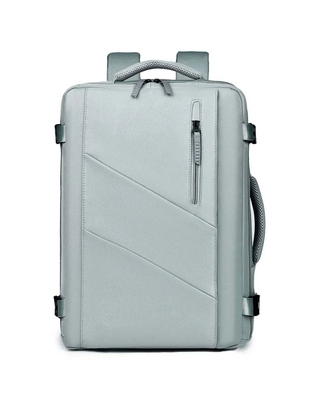 Structured grey backpack with diagonal stitching and a zippered front pocket.