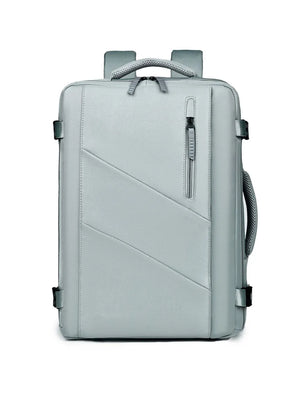 Structured grey backpack with diagonal stitching and a zippered front pocket.