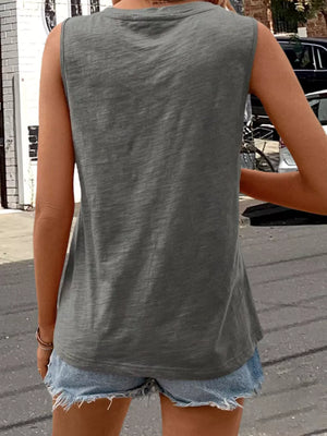 Grey V-neck tank top with pocket detail, casual women's basic style