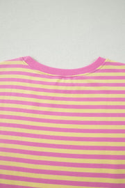 Pink and yellow striped cotton casual set with crew neck.